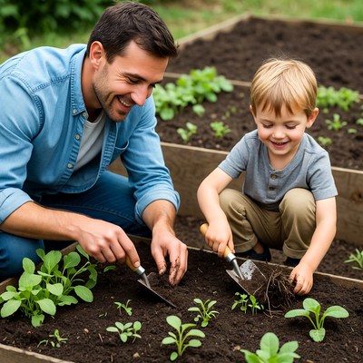 Gardening with child in backyard