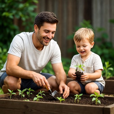 Father and son plant seeds together