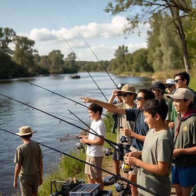 Kids fishing by the riverbank in summer
