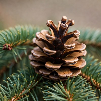 Pine cone on evergreen branch close up