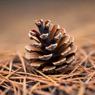 Pinecone on forest floor among needles