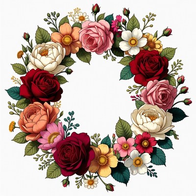 Floral wreath design with various flowers