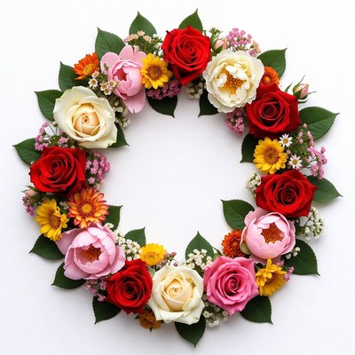 Flower wreath with colorful blooms made by hand