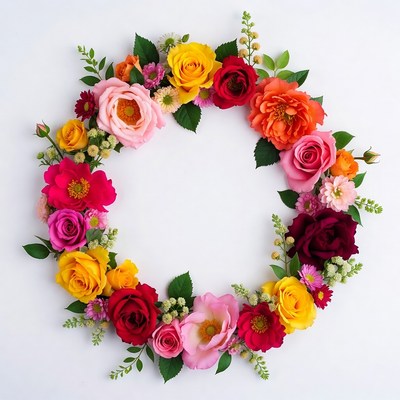 Floral wreath with various flowers and colors