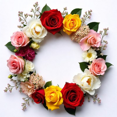 Floral wreath with colorful roses and blooms