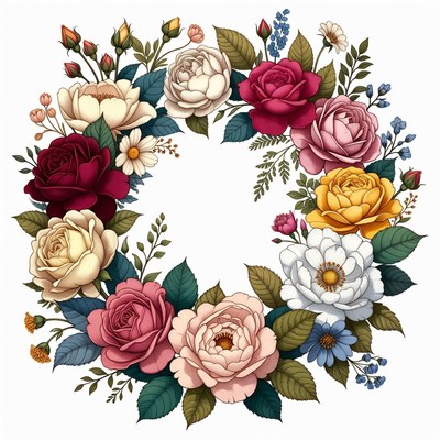 Floral wreath with various flowers in design