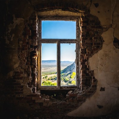 Window view of a distant landscape