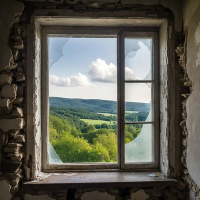 Broken window with green landscape view