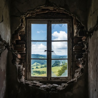Broken window with mountain view