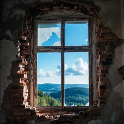 Broken window with mountain view
