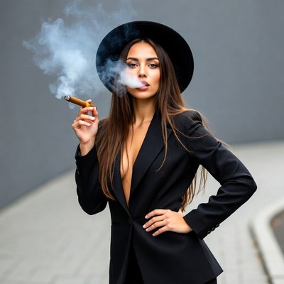 Woman smoking cigar in city setting