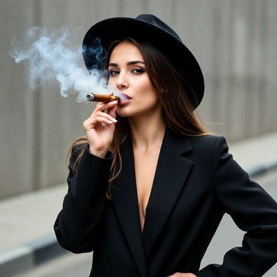 Woman smoking cigar in urban setting