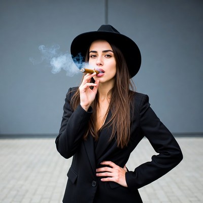 Woman smoking cigar outside building