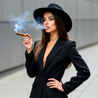 Woman in black suit smokes cigar