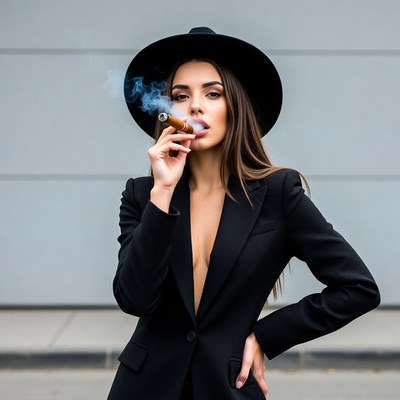 Woman in black suit smoking cigar