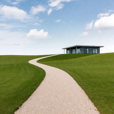 House on a curvy path in open field