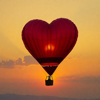 Heart-shaped balloon flies at sunset