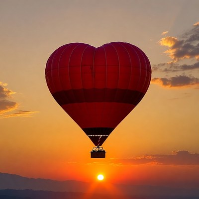 Hot air balloon at sunset near mountains