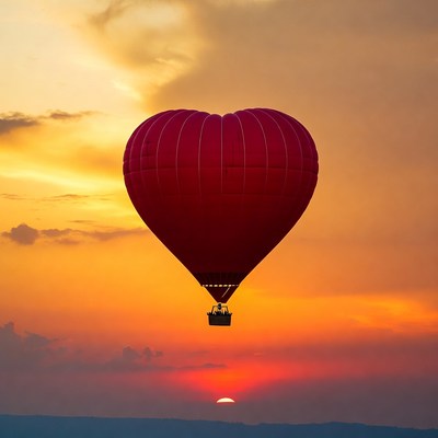 Heart-shaped balloon in sunset sky