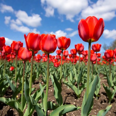Red tulip field under blue sky