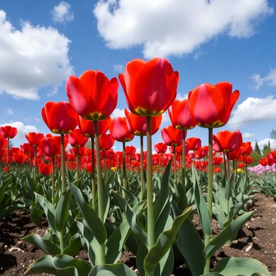 Vibrant red tulips in a field