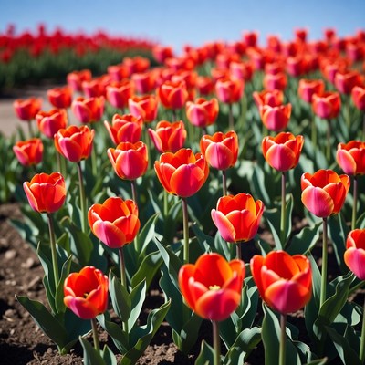 Vibrant fields of colorful tulips bloom