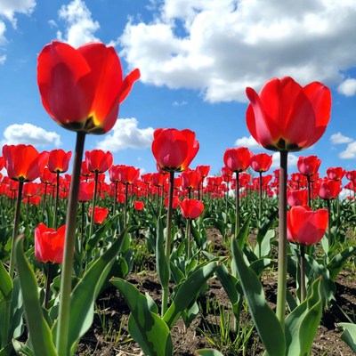 Bright red tulips in a field