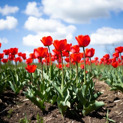 Red tulip field in springtime