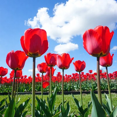 Bright red tulips in a field