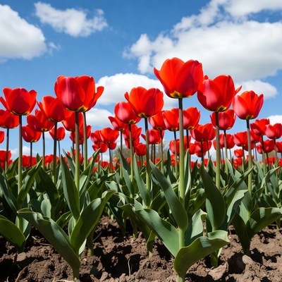 Bright red tulips in spring field