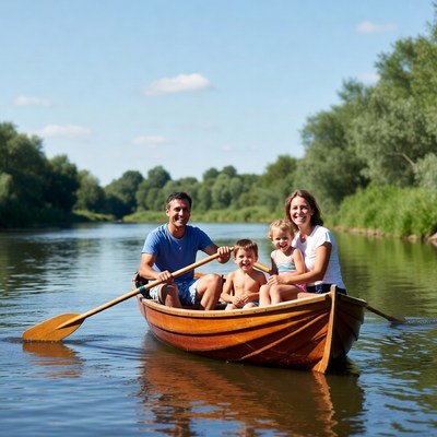 Family enjoys rowing on river