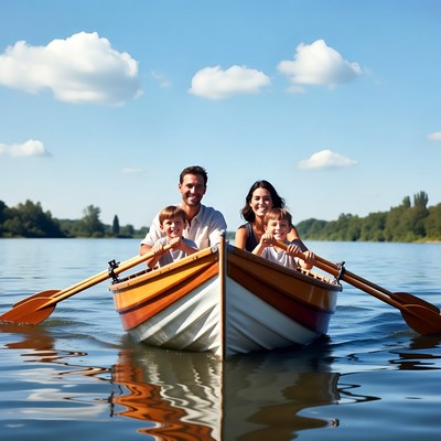 Family rowboat outing on a lake