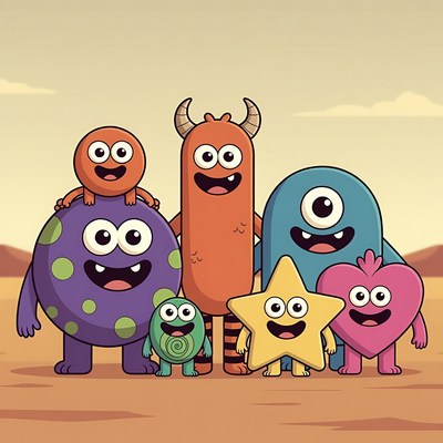 Colorful cartoon monsters in the desert