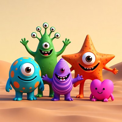 Colorful monsters pose in desert