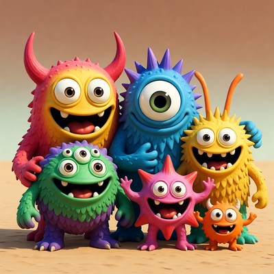 Colorful monsters group in desert