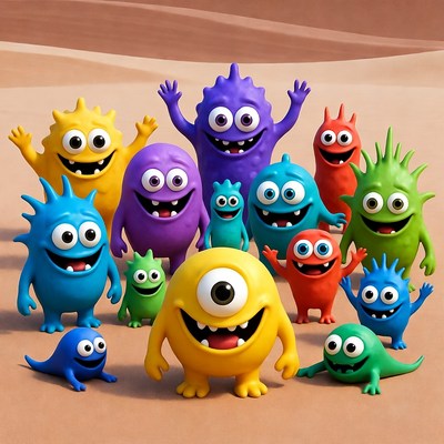 Colorful creatures in a desert scene