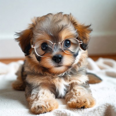 Puppy wearing glasses at home
