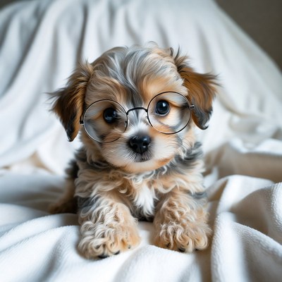 Puppy wearing glasses on blanket