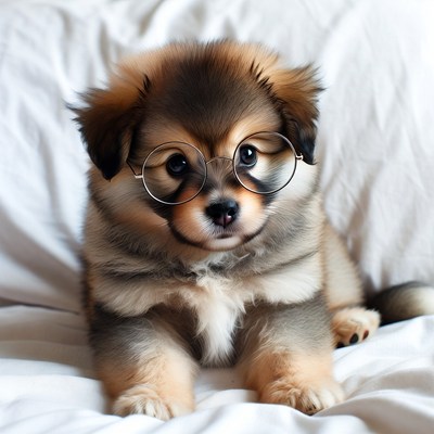 Puppy with glasses on a bed