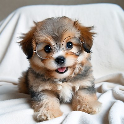 Puppy wearing glasses sits on blanket
