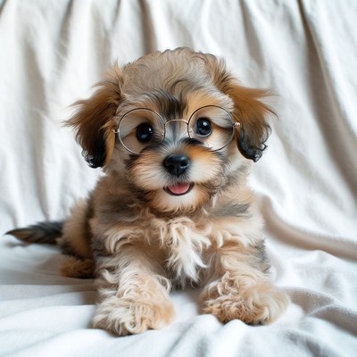 Puppy wearing glasses smiles cutely