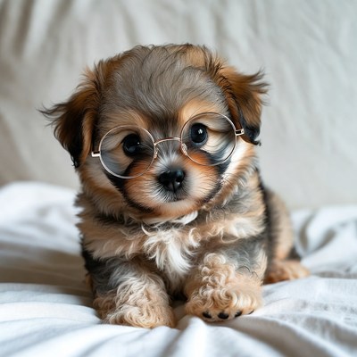 Dog wearing glasses on a bed