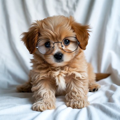 Cute puppy wearing glasses in a cozy setting