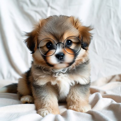Puppy with glasses sits on blanket