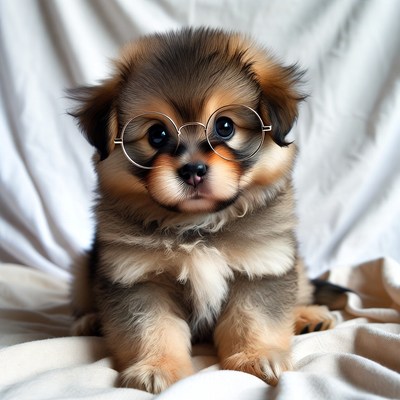 Puppy wearing glasses on soft blanket