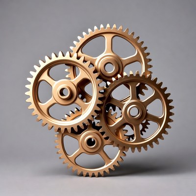 Gears in motion on a gray background