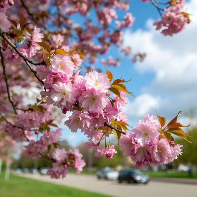 Cherry blossoms in springtime bloom near road