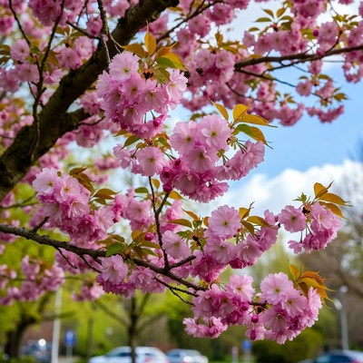 Pink flowers bloom under clear sky