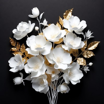 White flowers with gold leaves on black background