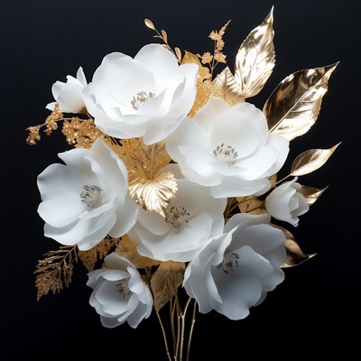 White flowers with gold accents in a bouquet